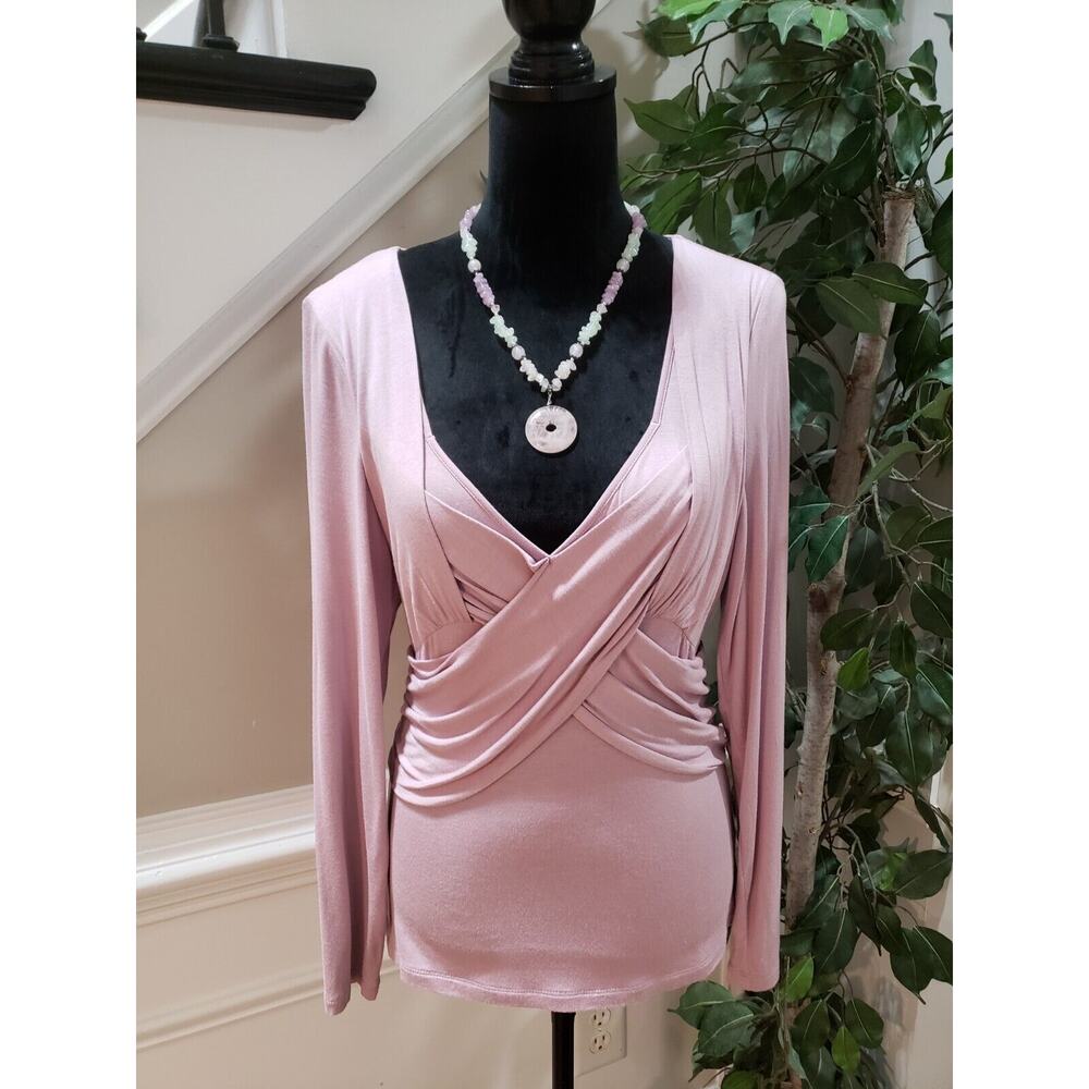 Tape Measure Women's Pink Solid Rayon Casual V-Neck Long Sleeve Top Blouse Large